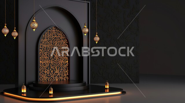 ديكورات وتصاميم وأجواء روحانية، تحف واكسسوارات رمضانية للمناسبات والاعياد الدينية، عرض ثلاثي الابعاد لمنصة إسلامية مع فوانيس مضيئة، البهجة بقدوم شهر الخير، خلفية زرقاء