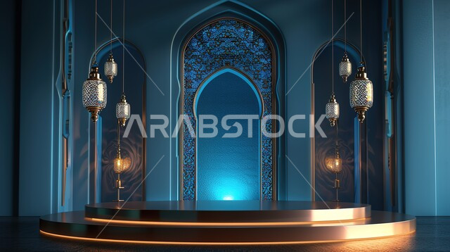 ديكورات وتصاميم وأجواء روحانية، تحف واكسسوارات رمضانية للمناسبات والاعياد الدينية، عرض ثلاثي الابعاد لمنصة إسلامية مع فوانيس مضيئة، البهجة بقدوم شهر الخير، خلفية زرقاء