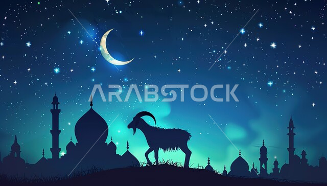 مقدسات دينية إسلامية, النجوم المحيطة بالقمر المضيء في السماء, مساجد ذات قبب ومآذن عريقة, صورة ظلية للماعز بخلفية ملونة, قربان عيد الأضحى المبارك، المناسبات والأعياد في الإسلام