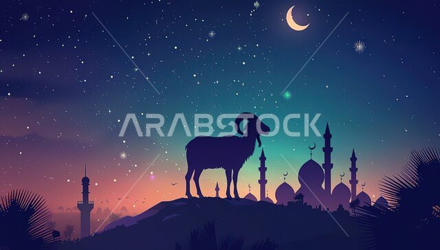  قربان عيد الأضحى المبارك، المناسبات والأعياد في الإسلام, النجوم المحيطة بالقمر المضيء في السماء, مساجد ذات قبب ومآذن عريقة, صورة ظلية للماعز بخلفية ملونة, مقدسات دينية إسلامية