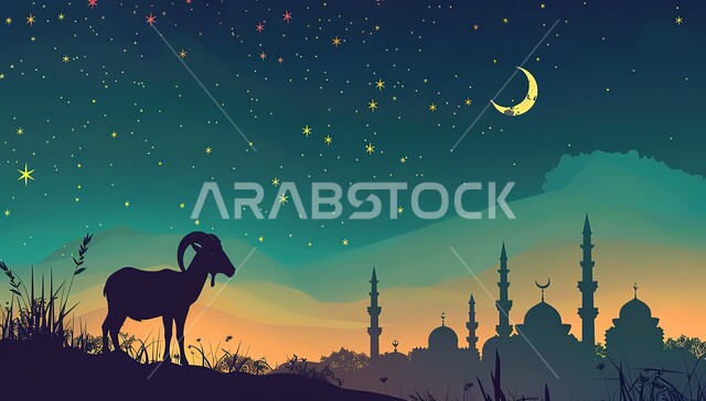 مساجد ذات قبب ومآذن عريقة, النجوم المحيطة بالقمر المضيء في السماء, صورة ظلية للماعز بخلفية ملونة, مقدسات دينية إسلامية, قربان عيد الأضحى المبارك، المناسبات والأعياد في الإسلام