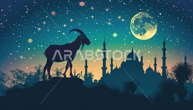 النجوم المحيطة بالقمر المضيء في السماء, مساجد ذات قبب ومآذن عريقة, صورة ظلية للماعز بخلفية ملونة, مقدسات دينية إسلامية, قربان عيد الأضحى المبارك، المناسبات والأعياد في الإسلام