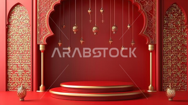 تحف واكسسوارات رمضانية للمناسبات والاعياد الدينية، ديكورات وتصاميم وأجواء روحانية، عرض ثلاثي الابعاد لمنصة إسلامية، البهجة بقدوم شهر الخير، خلفية حمراء