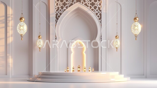 تحف واكسسوارات رمضانية للمناسبات والاعياد الدينية، ديكورات وتصاميم وأجواء روحانية، عرض ثلاثي الابعاد لمنصة إسلامية مع فوانيس مضيئة، البهجة بقدوم شهر الخير، خلفية بيضاء