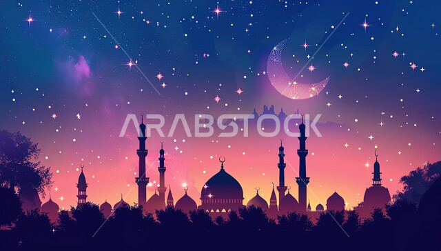 مشهد السماء بالهلال المنير والنجوم اللامعة, خلفيات مساجد اسلامية في وضع الليل، تصميم مسجد اسلامي متميز ، العبادة وأداء الصلاة في المساجد، خلفيات وديكورات رمضانية، الفن الهندسي والمعماري للمساجد القديمة والحديثة