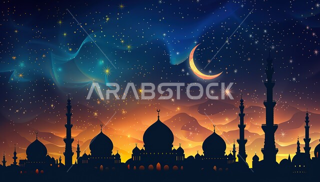 الفن الهندسي والمعماري للمساجد القديمة والحديثة, منظر طبيعي للنجوم المتناثرة في السماء, خلفيات مساجد اسلامية وهلال منير، تصميم مسجد اسلامي متميز، العبادة وأداء الصلاة في المساجد، خلفيات وديكورات رمضانية