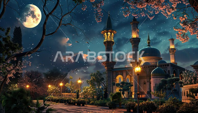 البناء على الطراز الإسلامي المعاصر, الفن الهندسي المعماري الحديث للمساجد, القبب والمآذن العريقة, الأضواء المنيرة المبهجة, مقدسات دينية إسلامية, أماكن أداء العبادات عن المسلمين