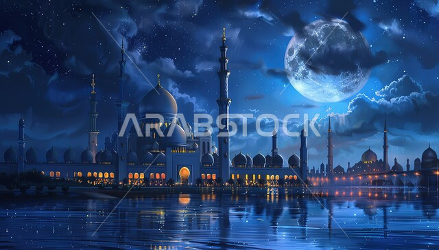 منظر القمر في السماء المغطاة بالغيوم, الفن الهندسي المعماري الحديث للمساجد, البناء على الطراز الإسلامي المعاصر, القبب والمآذن العريقة, مقدسات دينية إسلامية, أماكن أداء العبادات عن المسلمين