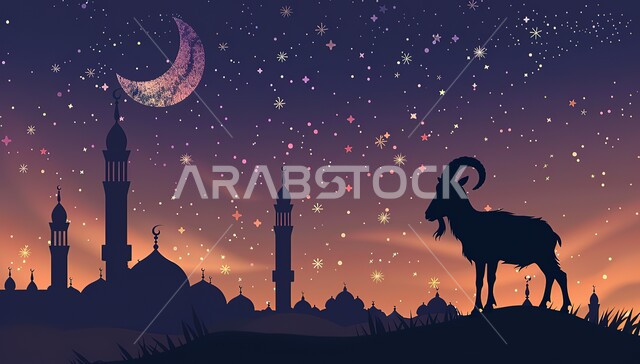  أجواء إسلامية روحانية، خلفية دينية رمضانية, منظر السماء بهلال شهر رمضان الكريم والنجوم تلمع من حوله، صورة ظلية لحيوان الماعز بخلفية لمسجد عريق في المملكة العربية السعودية، الفن الهندسي المعماري على الطراز الاسلامي للمساجد، شهر رمضان المبارك