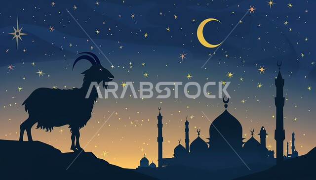 مشهد السماء بهلال شهر رمضان الكريم والنجوم تلمع من حوله، صورة ظلية لحيوان الماعز بخلفية لمسجد عريق في المملكة العربية السعودية، الفن الهندسي المعماري على الطراز الاسلامي للمساجد، شهر رمضان المبارك، أجواء إسلامية روحانية، خلفية دينية رمضانية