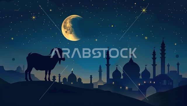 منظر هلال شهر رمضان الكريم ليلاً، صورة ظلية لحيوان الماعز بخلفية لمسجد عريق في المملكة العربية السعودية، الفن الهندسي المعماري على الطراز الاسلامي للمساجد، شهر رمضان المبارك، أجواء إسلامية روحانية، خلفية دينية رمضانية