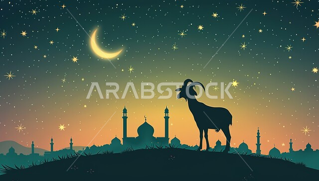 خلفية دينية رمضانية, منظر السماء بهلال شهر رمضان الكريم والنجوم تلمع من حوله، صورة ظلية لحيوان الماعز بخلفية لمسجد عريق في المملكة العربية السعودية، الفن الهندسي المعماري على الطراز الاسلامي للمساجد، شهر رمضان المبارك، أجواء إسلامية روحانية