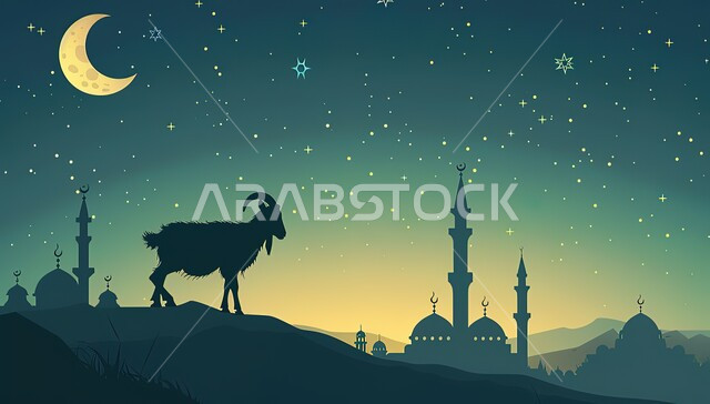 منظر السماء بهلال شهر رمضان الكريم والنجوم تلمع من حوله، صورة ظلية لحيوان الماعز بخلفية لمسجد عريق في المملكة العربية السعودية، الفن الهندسي المعماري على الطراز الاسلامي للمساجد، شهر رمضان المبارك، أجواء إسلامية روحانية، خلفية دينية رمضانية