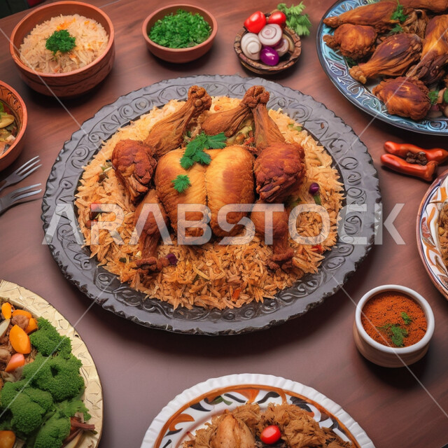 طبق من ارز الكبسة بالدجاج مع الخضار، أكلات عربية تقليدية، مأكولات و أطباق شعبية، وصفات طعام شهية، مطاعم شرقية في المملكة العربية السعودية