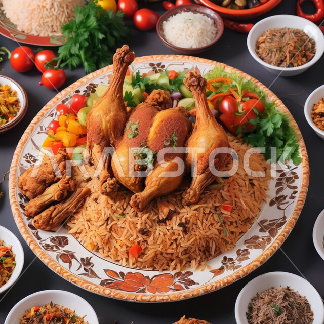 طبق من ارز الكبسة بالدجاج مع الخضار، أكلات عربية تقليدية، مأكولات و أطباق شعبية، وصفات طعام شهية، مطاعم شرقية في المملكة العربية السعودية