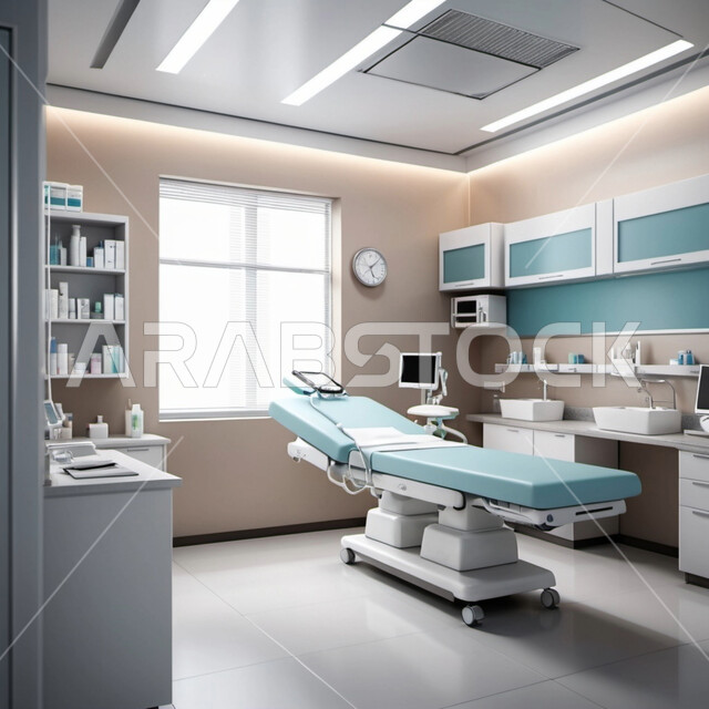 An electronic medical electric bed for a patient, a three-dimensional design of a modern medical room for examining and diagnosing patients in a hospital, a surgical operating room, a room equipped with modern medical tools and devices, the use of technology and technology in treatment and modern medicine, advanced clinics and health centers