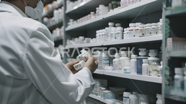 تقديم الرعاية الصحية والوصفات الطبية، فحص وجرد مخزون الأدوية والمستلزمات الطبية داخل الصيدلية، صورة مقربة لصيدلاني عربي سعودي خليجي يرتدي اليونيفورم الطبي يقوم بالبحث عن الوصفة الدوائية