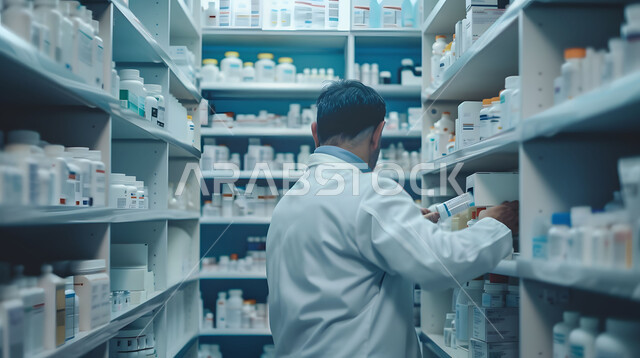 تقديم الرعاية الصحية والوصفات الطبية، فحص وجرد مخزون الأدوية والمستلزمات الطبية داخل الصيدلية، صورة مقربة لصيدلاني عربي سعودي خليجي يرتدي اليونيفورم الطبي يقوم بالبحث عن الوصفة الدوائية
