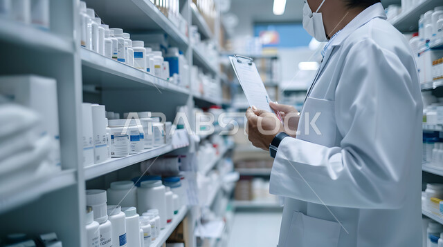 مكافحة انتشار العدوى من فايروس كورونا ,جرد و فحص مخزون الأدوية والمستلزمات الطبية داخل الصيدلية، تقديم الرعاية الصحية والوصفات الطبية، صورة مقربة لصيدلاني عربي سعودي خليجي يرتدي اليونيفورم الطبي و الكمامة الوقائية يقوم بالبحث عن الوصفة الدوائية