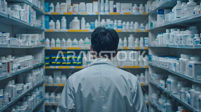 Saudi professions and jobs, checking and inventorying the stock of medicines and medical supplies inside the pharmacy, providing health care and prescriptions, a close-up photo from the back of a Saudi Arabian Gulf pharmacist wearing a medical uniform searching for a prescription.