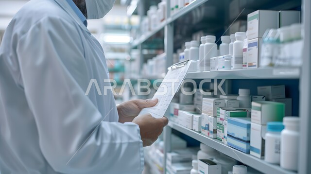 تجنب انتشار العدوى ضد ( كوفيد 19 ),جرد و فحص مخزون الأدوية والمستلزمات الطبية داخل الصيدلية، تقديم الرعاية الصحية والوصفات الطبية، صورة مقربة لصيدلاني عربي سعودي خليجي يرتدي اليونيفورم الطبي و الكمامة الوقائية يقوم بالبحث عن الوصفة الدوائية
