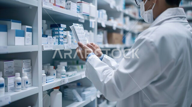 تجنب انتشار العدوى ضد ( كوفيد 19 ),جرد و فحص مخزون الأدوية والمستلزمات الطبية داخل الصيدلية، تقديم الرعاية الصحية والوصفات الطبية، صورة مقربة لصيدلاني عربي سعودي خليجي يرتدي اليونيفورم الطبي و الكمامة الوقائية يقوم بالبحث عن الوصفة الدوائية