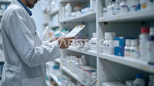 Providing health care and medical prescriptions, checking and inventorying the stock of medicines and medical supplies inside the pharmacy, a close-up photo of a Saudi Arabian Gulf pharmacist wearing a medical uniform searching for the drug prescription