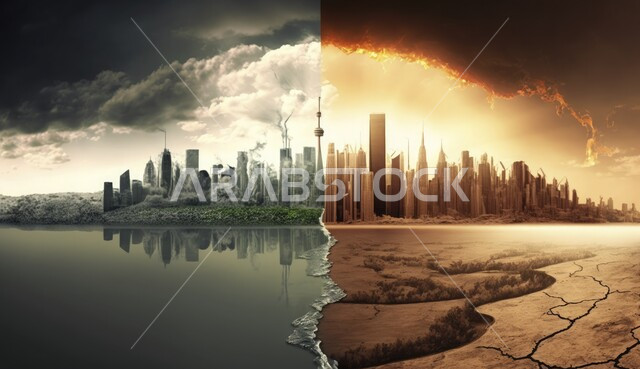 الفن الهندسي المعماري على الطراز الحديث للأبراج وناطحات السحاب، صورة بالابيض والاسود لتحضر بلاد الخليج العربي، منظر الغيوم في السماء