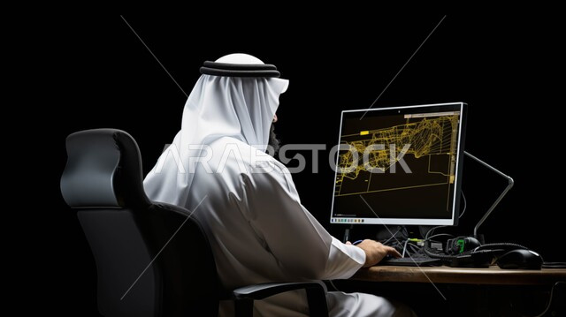 مهن ووظائف سعودية، الإشراف على آلية سير العمل من المكتب, بورتريه من الجانب لرجل عربي خليجي سعودي في مكان عمله يرتدي الغترة التقليدية, متابعة وإنجاز العمل عبر الحاسوب المحمول, خلفية سوداء