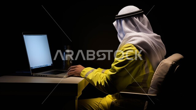 الإشراف على آلية سير العمل من المكتب, بورتريه مقرب من الجانب لرجل عربي خليجي سعودي يرتدي الزي الخاص بالعمل والغترة التقليدية, متابعة وإنجاز العمل عبر الحاسوب المحمول, مهن ووظائف سعودية، خلفية سوداء