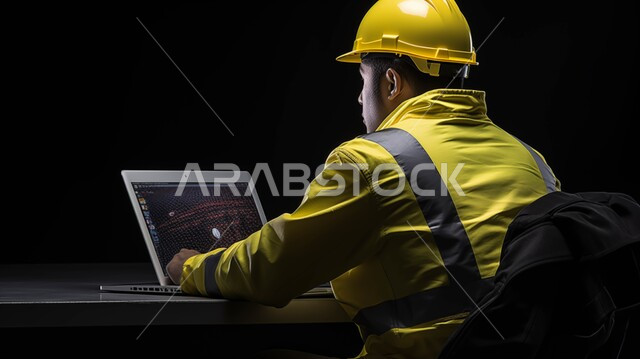 مراقبة وتنظيم  سير العمل من المكتب, إدارة شؤون الأعمال عبر الاجهزة التقنية، بورتريه مقرب من الجانب لمهندس عربي خليجي سعودي يرتدي الزي الخاص بالعمل والخوذة الصفراء, متابعة وإنجاز العمل عبر الحاسوب المحمول, خلفية سوداء