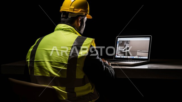  وضع الخطط ومراقبة سير العمل من المكتب, إدارة شؤون الأعمال وتنظيمها عبر الاجهزة التقنية، بورتريه مقرب من الجانب لمهندس عربي خليجي سعودي يرتدي سترة الحماية والخوذة الصفراء, متابعة وإنجاز العمل عبر الحاسوب المحمول, خلفية سوداء