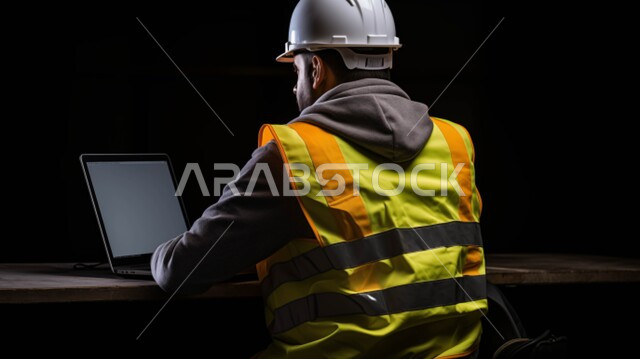 تنظيم وإدارة الأعمال عبر الاجهزة التقنية، بورتريه مقرب من الجانب لمهندس عربي خليجي سعودي يرتدي سترة الحماية والخوذة البيضاء, متابعة وإنجاز العمل عبر الحاسوب المحمول, وضع الخطط ومراقبة سير العمل من المكتب, خلفية سوداء
