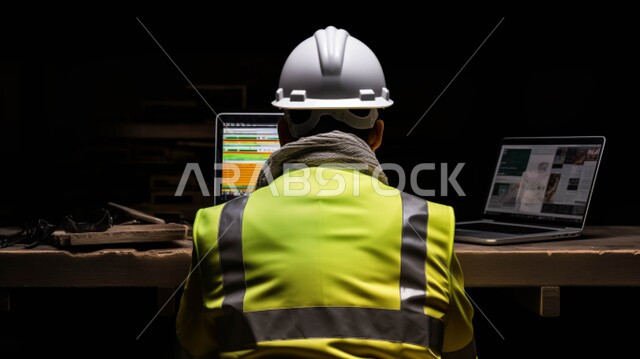 متابعة وإنجاز العمل عبر الحاسوب المحمول, إدارة شؤون الأعمال وتنظيمها عبر الاجهزة التقنية، بورتريه مقرب من الخلف لمهندس عربي خليجي سعودي يرتدي سترة الحماية والخوذة البيضاء, وضع الخطط ومراقبة سير العمل من المكتب, خلفية سوداء