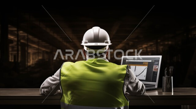 إدارة شؤون الأعمال وتنظيمها عبر الاجهزة التقنية، بورتريه مقرب من الخلف لمهندس عربي خليجي سعودي يرتدي سترة الحماية والخوذة البيضاء, متابعة وإنجاز العمل عبر الحاسوب المحمول, وضع الخطط ومراقبة سير العمل من المكتب, خلفية سوداء