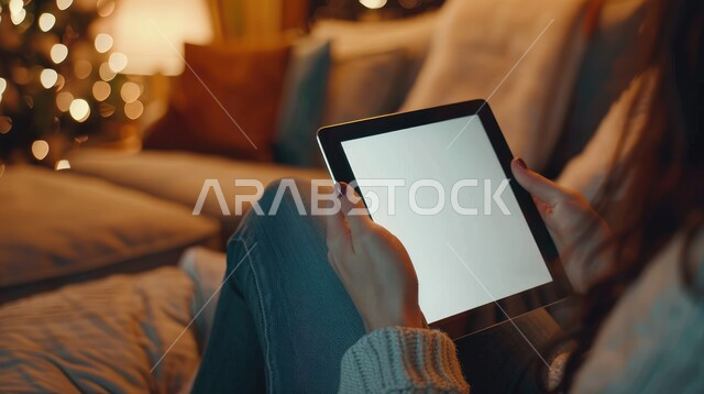 The concept of completing tasks remotely, the use of advanced modern devices and technologies, a close-up photo from the back of a Saudi Gulf Arab woman holding a tablet in her hand, online shopping, displaying a blank white screen on tablet devices
