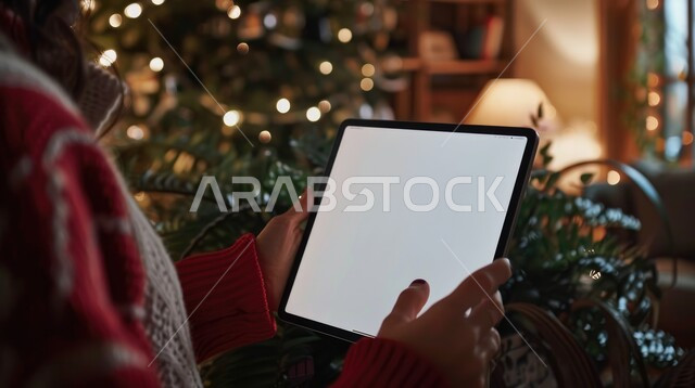 عرض شاشه بيضاء فارغه عبر الاجزة اللوحية, مفهوم إنجاز المهام عن بعد, استخدام الأجهزة والتقنيات الحديثة المتطورة, صورة مقربة من الخلف لامرأة عربية خليجية سعودية تمسك بيدها جهاز التابليت, التسوق الالكتروني عبر الأونلاين