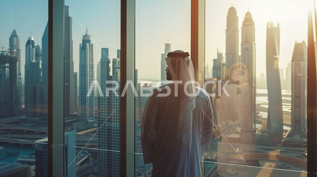 الاستمتاع بالنظر الى ابراج مدينة دبي من خلال النافذة، التأمل وشرود الذهن، التفكير في شيء ما، صورة مقربة من الخلف لرجل عربي خليجي يرتدي الشماغ والثوب السعودي التقليدي يقف امام واجهه زجاجية كبيرة في أحد الأبراج الراقية