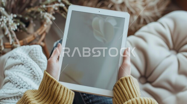 التسوق الالكتروني عبر الأونلاين, عرض شاشه بيضاء فارغه عبر الاجزة اللوحية, مفهوم إنجاز المهام عن بعد, استخدام الأجهزة والتقنيات الحديثة المتطورة, صورة مقربة من الاعلى لامرأة عربية خليجية سعودية تمسك بيدها جهاز التابليت