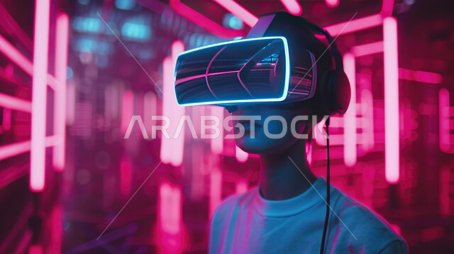 الاستمتاع في قضاء اوقات ترفيهية, دمج التقنيات الحديثة الالكترونية والأجهزة التكنولوجية في التسلية، استخدام تقنية الفي آر، التفاعل ومحاكاة العالم الخيالي, صورة مقربة من الجانب لفتى عربي خليجي سعودي يضع نظارات الواقع الافتراضي