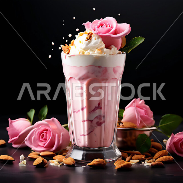 كوكتيل صيفي منعش ومثلج، صورة مقربة لكوب من شراب الورد اللذيذة المزين بالكريمة والزهور، مشروبات باردة وعصائر طبيعية شهية، عصير صحي ومفيد