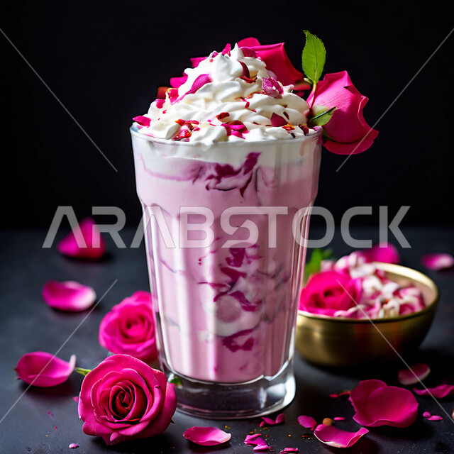 كوكتيل صيفي منعش ومثلج، صورة مقربة لكوب من شراب الورد اللذيذة المزين بالكريمة والزهور، مشروبات باردة وعصائر طبيعية شهية، عصير صحي ومفيد