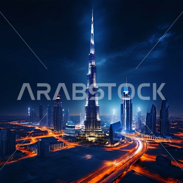 النمو والتطور العمراني على ساحل الخليج العربي، الاماكن السياحية في الامارات العربيه المتحدة، الفن الهندسي المعماري لبناء المباني والمنشآت التجارية والسكنية، صورة جوية لبرج خليفة المضاء ليلا