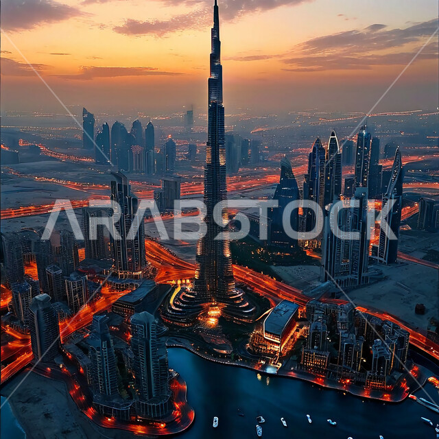 الفن الهندسي المعماري لبناء المباني والمنشآت التجارية والسكنية، الاماكن السياحية في الامارات العربيه المتحدة، النمو والتطور العمراني على ساحل الخليج العربي، صورة جوية لبرج خليفة في وقت غروب الشمس