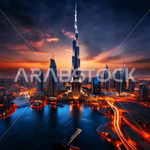 المعالم والاماكن السياحية في الامارات العربيه المتحدة، الفن الهندسي المعماري لبناء المباني والمنشآت التجارية والسكنية، النمو والتطور العمراني على ساحل الخليج العربي، صورة جوية لبرج خليفة في وقت غروب الشمس
