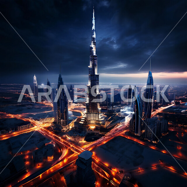 النمو والتطور العمراني على ساحل الخليج العربي، الاماكن السياحية في الامارات العربيه المتحدة، الفن الهندسي المعماري لبناء المباني والمنشآت التجارية والسكنية، صورة جوية لبرج خليفة المضاء ليلا