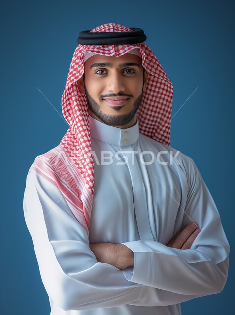 الابتسام والتفاؤل وحب الحياة, الأناقة والاهتمام بالمظهر الخارجي, بورتريه مقرب لشاب عربي خليجي سعودي أنيق يرتدي الثوب التقليدي والشماغ السعودي يقف بايدي متقاطعة ينظر إلى الكاميرا بإيماءات السعادة والفرح, خلفية زرقاء