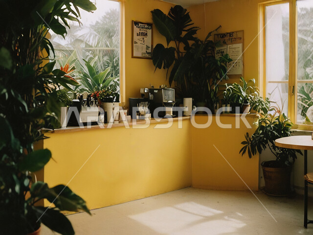 التصاميم الداخلية والديكورات للكافيهات والمطاعم، صالة مقهى بديكورات وألوان جذابة، أثاث داخلي راقي باللون الاصفر لمطعم على الطراز الحديث في المملكة العربية السعودية، استخدام النبات الداخلي في الزينة