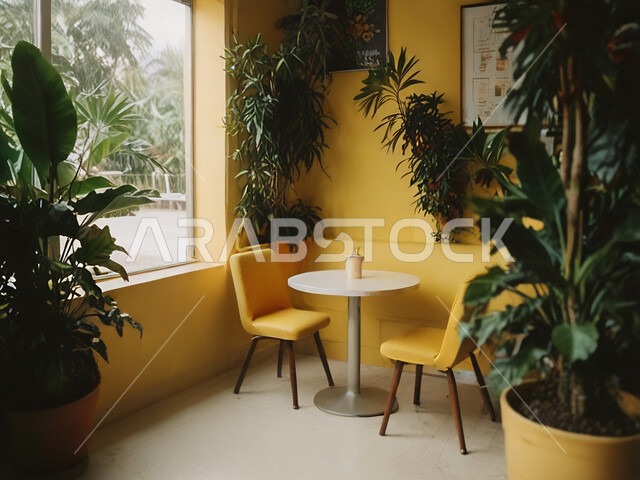 استخدام النبات الداخلي في الزينة، التصاميم الداخلية والديكورات للكافيهات والمطاعم، صالة مقهى بديكورات وألوان جذابة، أثاث داخلي راقي باللون الاصفر لمطعم على الطراز الحديث في المملكة العربية السعودية
