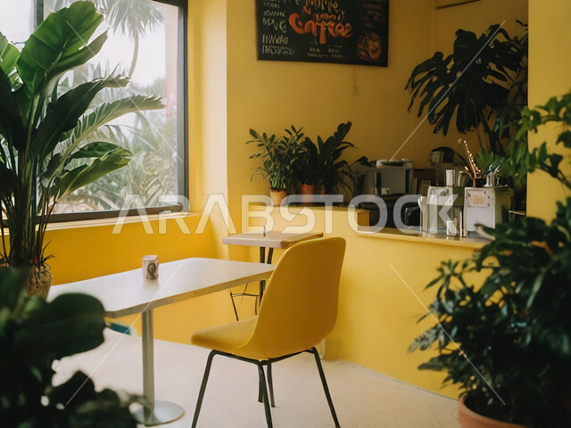 الديكورات والتصاميم الداخلية للكافيهات والمطاعم، صالة مقهى بديكورات وألوان جذابة، أثاث داخلي راقي باللون الاصفر لمطعم على الطراز الحديث في المملكة العربية السعودية، استخدام النبات الداخلي في الزينة